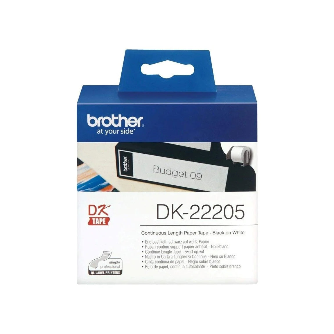 Brother Genuine DK-22205 Continuous Length Labelling Tape for QL Printers - Black on White, 62mm wide