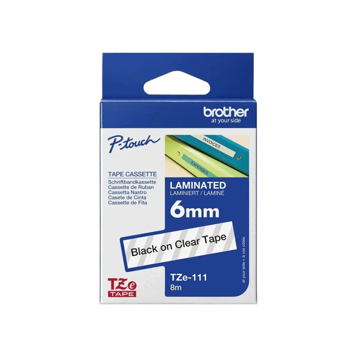 Brother Genuine TZE-111 Labelling Tape for P-Touch label Printers - Black on Clear, 6mm wide