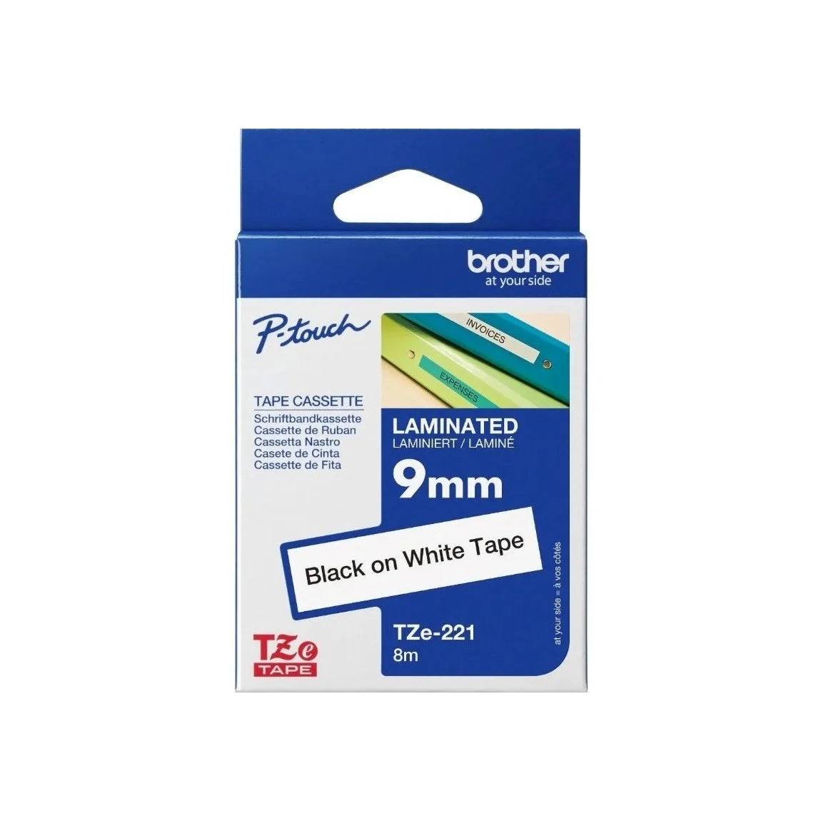 Brother Genuine TZE-221 Labelling Tape for P-Touch label Printers - Black on White, 9mm wide