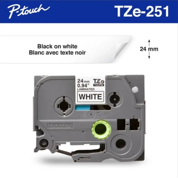 Brother Genuine TZE-251 Labelling Tape for P-Touch label Printers - Black on White, 24mm wide