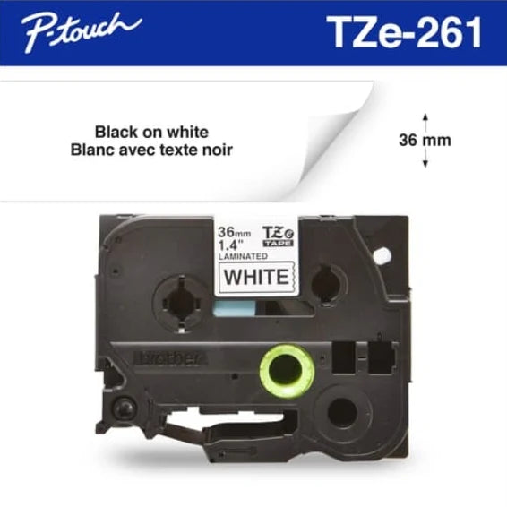 Brother Genuine TZE-261 Labelling Tape for P-Touch label Printers - Black on White, 36mm wide