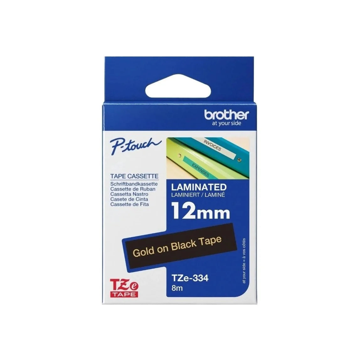 Brother Genuine TZE-334 Labelling Tape for P-Touch label Printers - Gold on Black, 12mm wide