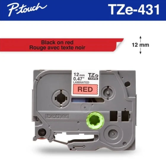 Brother Genuine TZE-431 Labelling Tape for P-Touch label Printers - Black on Red, 12mm wide