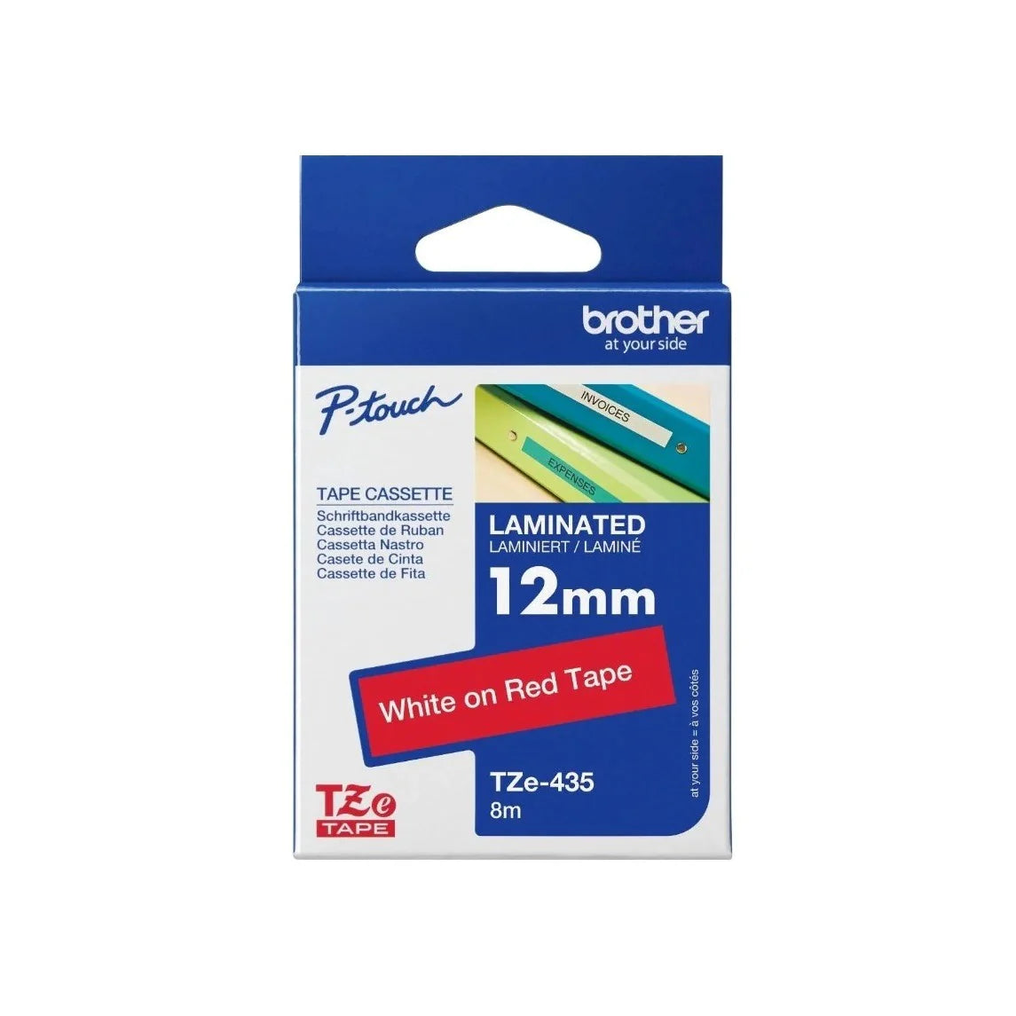 Brother Genuine TZE-435 Labelling Tape for P-Touch label Printers - White on Red, 12mm wide