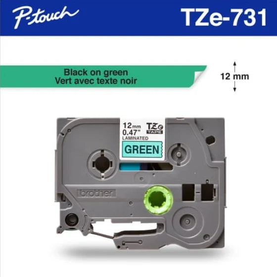 Brother Genuine TZE-731 Labelling Tape for P-Touch label Printers - Black on Green 12mm wide