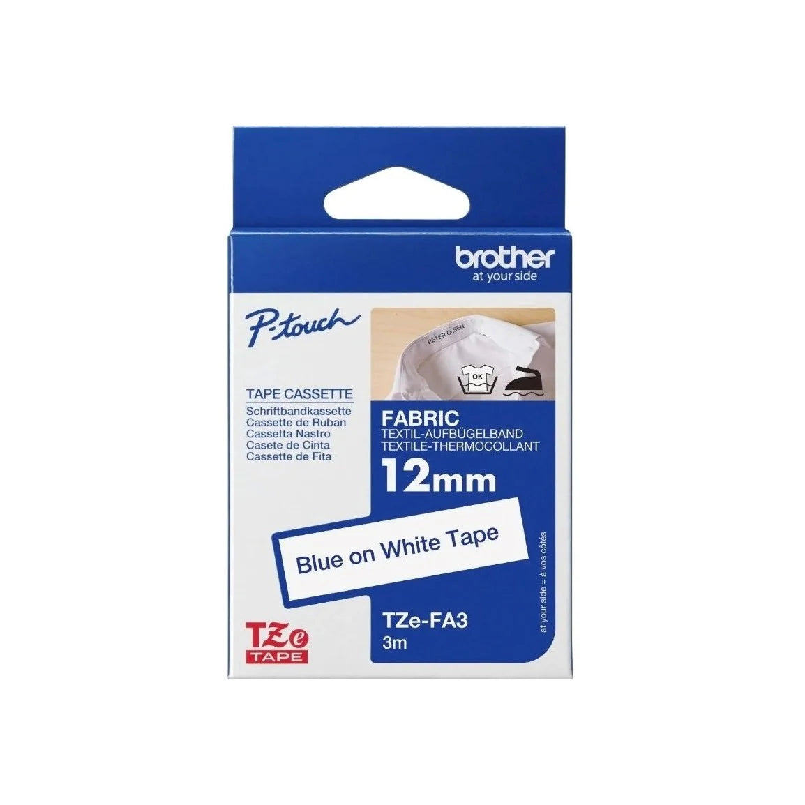 Brother Genuine TZE-FA3 Iron-On Fabric Tape for P-Touch label Printers - Blue on White ,12mm wide
