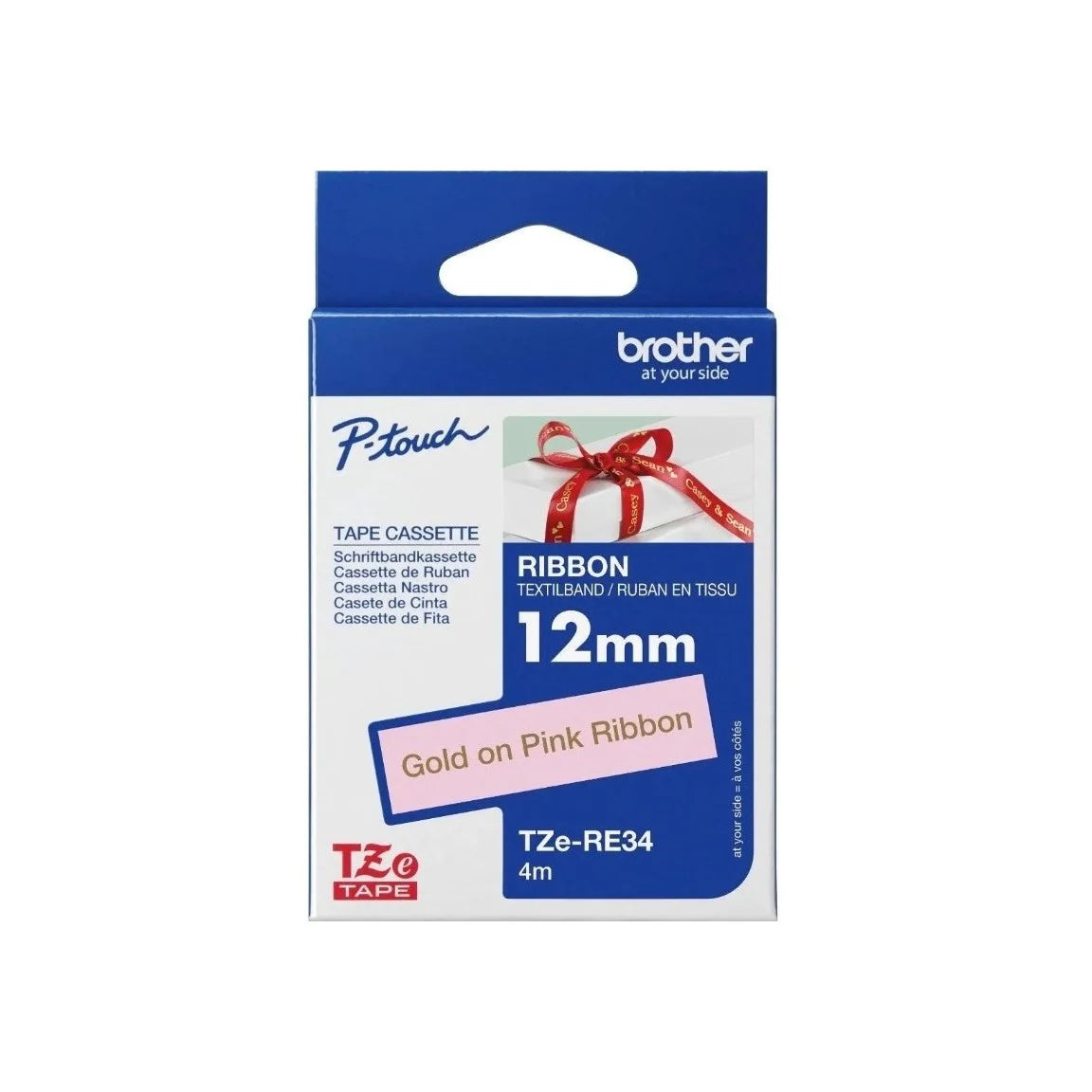 Brother Genuine TZE-RE34 Labelling Tape for P-Touch label Printers - Gold on Pink Ribbon, 12mm wide