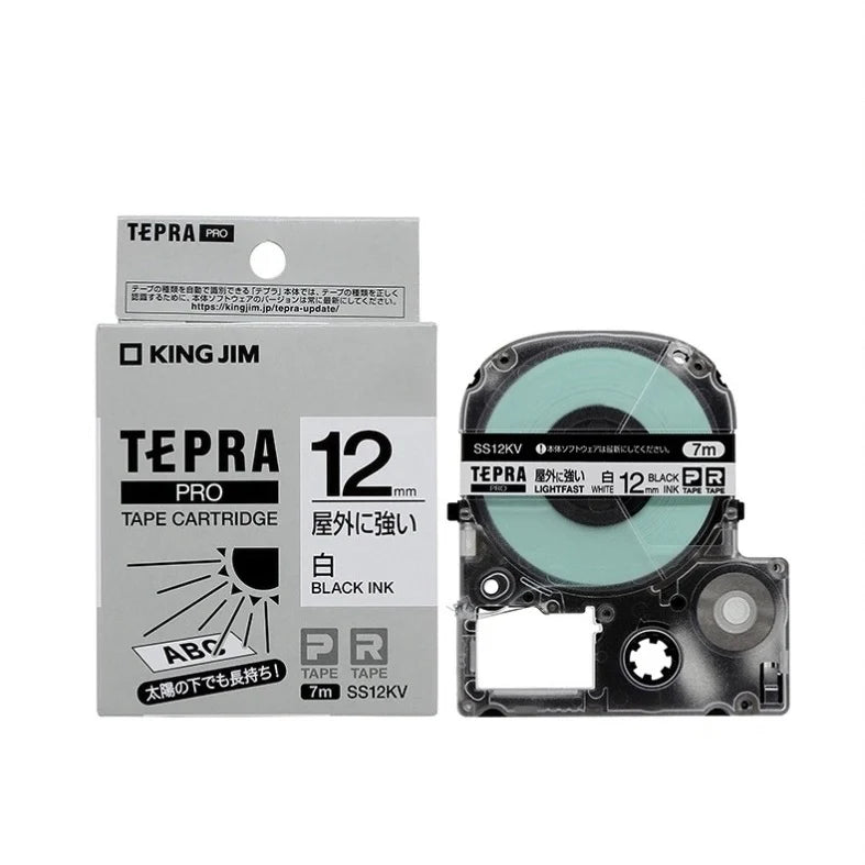 KIM JIM SS12KV TEPRA PRO Tape White Light Fast Label /Black Ink for Outdoors Sun Proof 12mm-Made in Japan